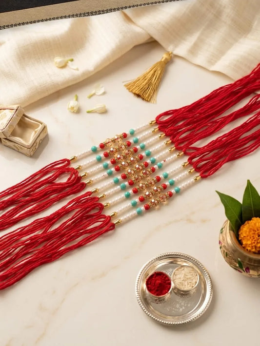 Designer Pearl Bead Rakhi with Crystal Center & Red Thread- 1 PC