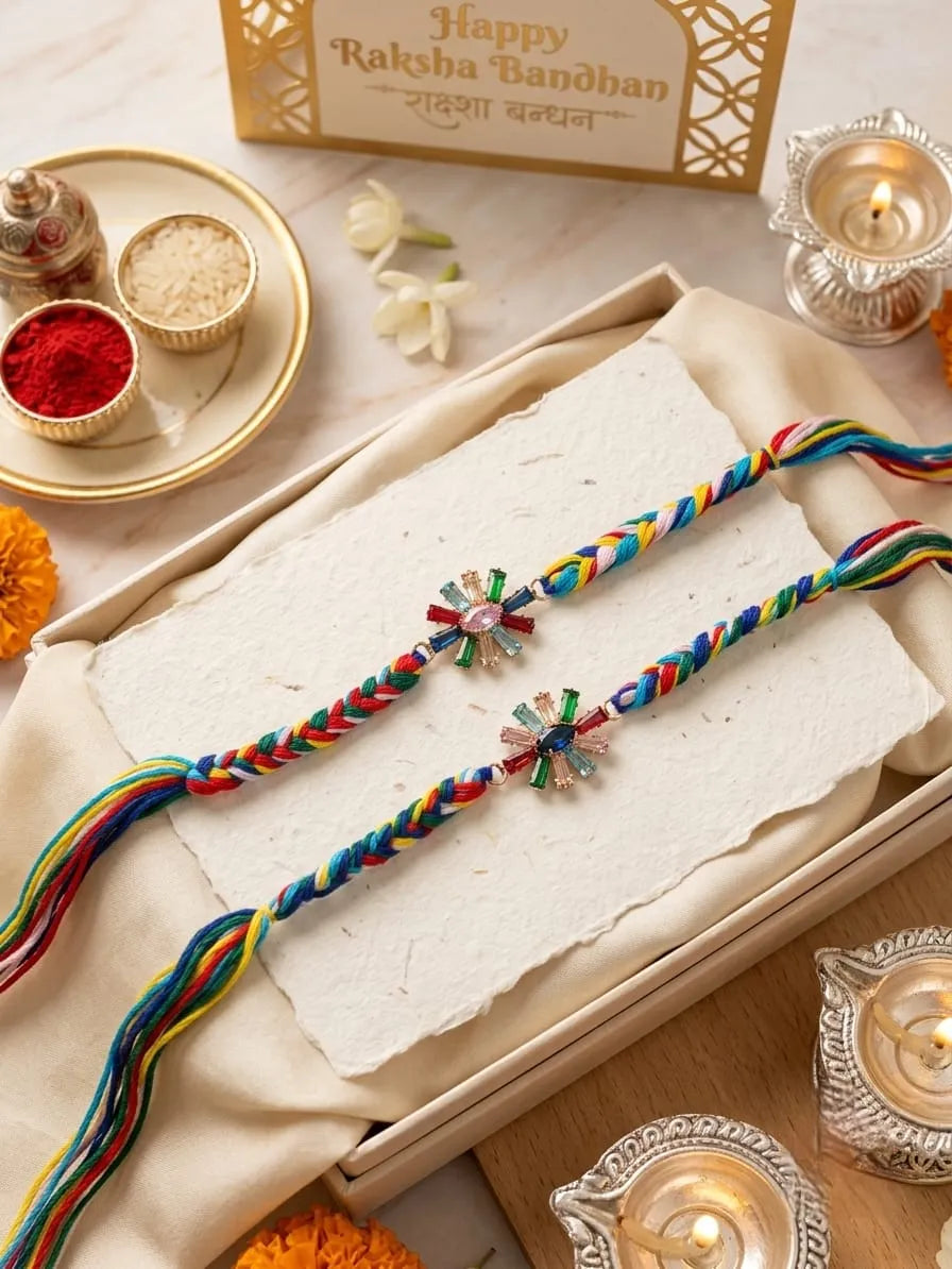 Two colorful braided Rakhi threads with decorative floral charms rest on a folded cream-colored paper inside a gift box, surrounded by festive props including lit diya candles, marigold flowers, and a gold card that reads 'Happy Raksha Bandhan'.