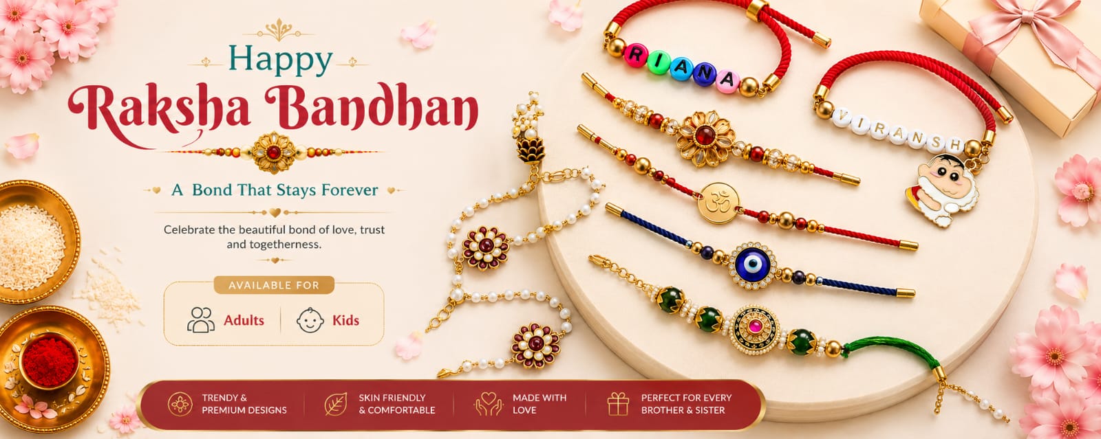 Raksha Bandhan jewelry set with bracelets on a decorative background
