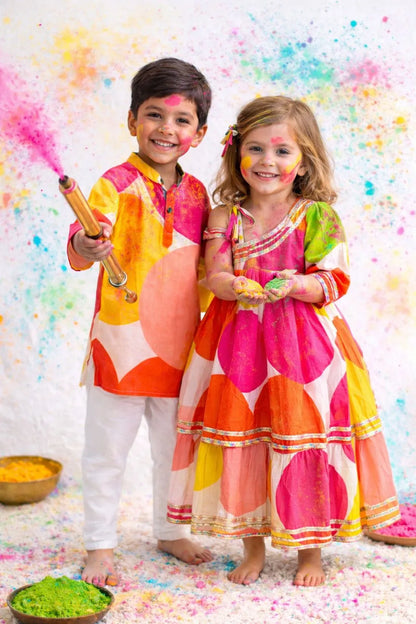 Kids cotton sibling set kurta pajama and kurti sharara