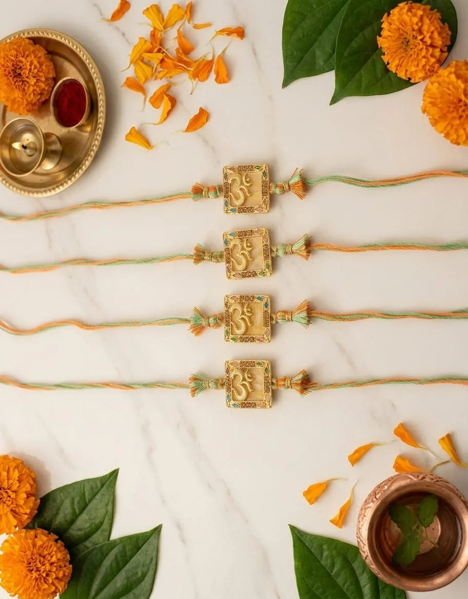 Four traditional Indian Rakhi string bracelets with gold-toned Om pendants are arranged on a white marble surface with festive flat-lay props including marigold flowers, green leaves, and copper vessels.