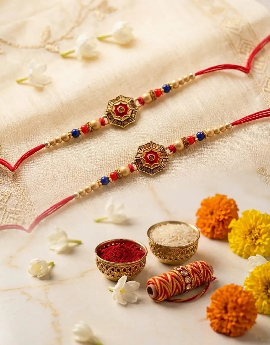 Two traditional Indian Rakhi wristlets with red cords, gold-toned metal motifs, and red, blue, and white beads, arranged on a cream fabric background with decorative flowers, bowls of powder, and thread.