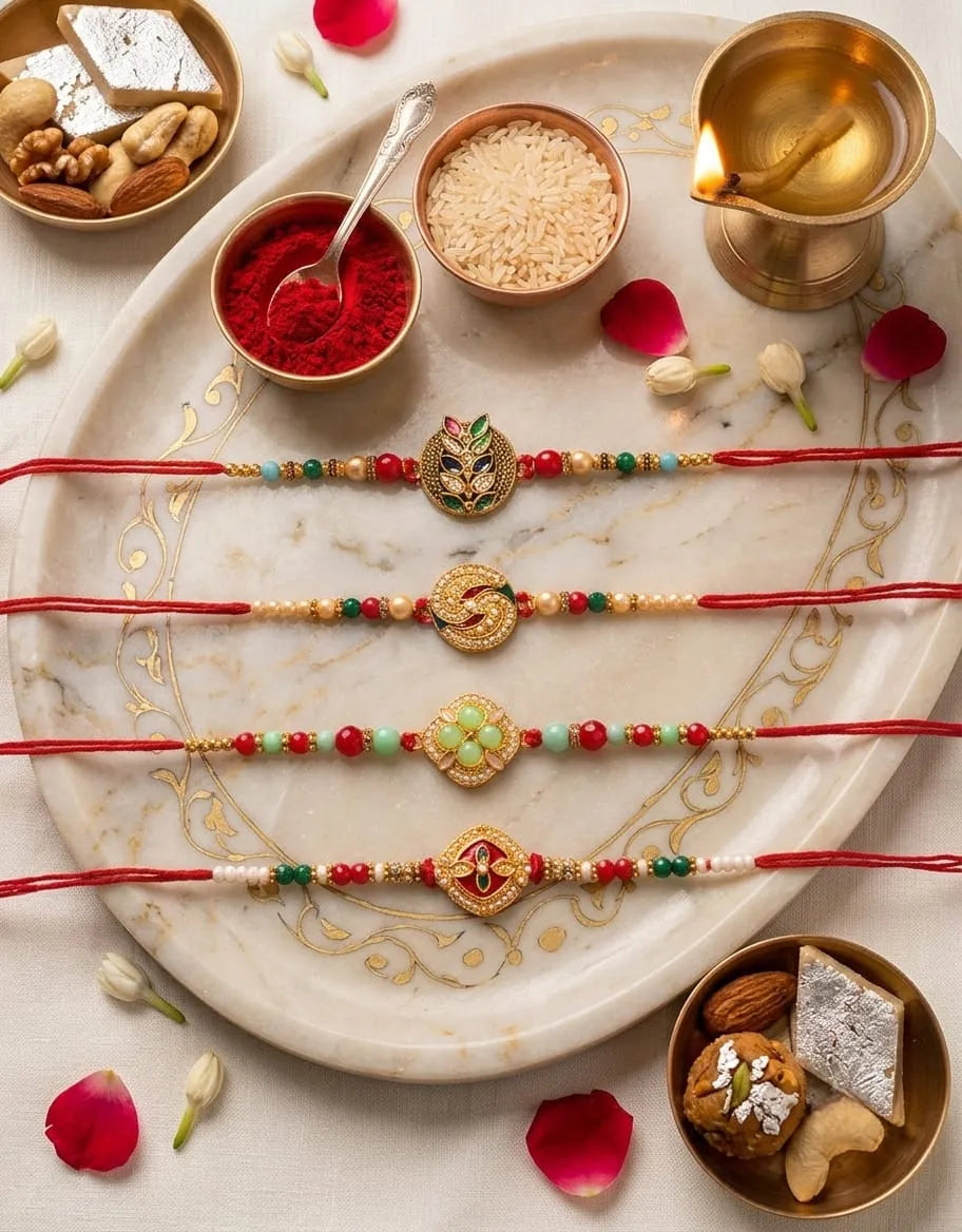 Four traditional Indian Rakhi beaded wristlets arranged on a white marble tray, surrounded by festive props including a brass diya, bowls of rice and red powder, and sweets.