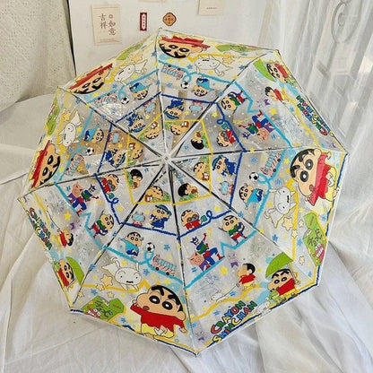 Colorful umbrella with cartoon character design on a white surface