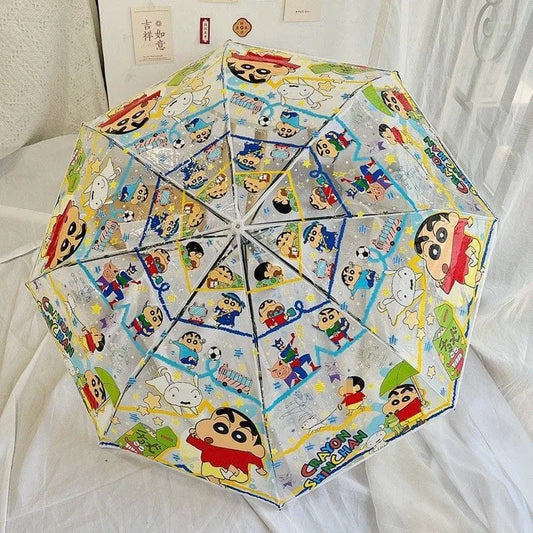 Colorful umbrella with cartoon character design on a white surface