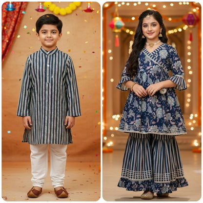 A side-by-side comparison of a boy and a girl wearing matching traditional Indian ethnic wear. The boy on the left wears a navy blue and white vertically striped kurta with white trousers, and the girl on the right wears a navy blue and white floral print kurta with matching striped flared pants.
