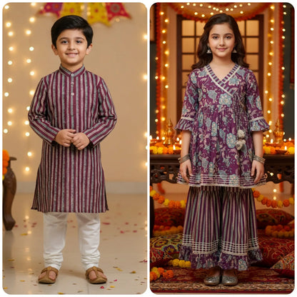 A split-screen collage showing a young boy and a young girl modeling traditional Indian ethnic wear. The boy on the left wears a maroon and gold vertically striped kurta with white pants.