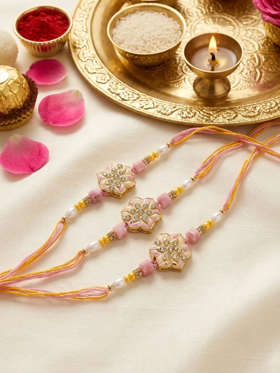 Three pink and gold Rakhi thread crowns with floral bead details, arranged on a cream fabric alongside traditional festive props including a brass plate, diya, rice, red powder, and rose petals.