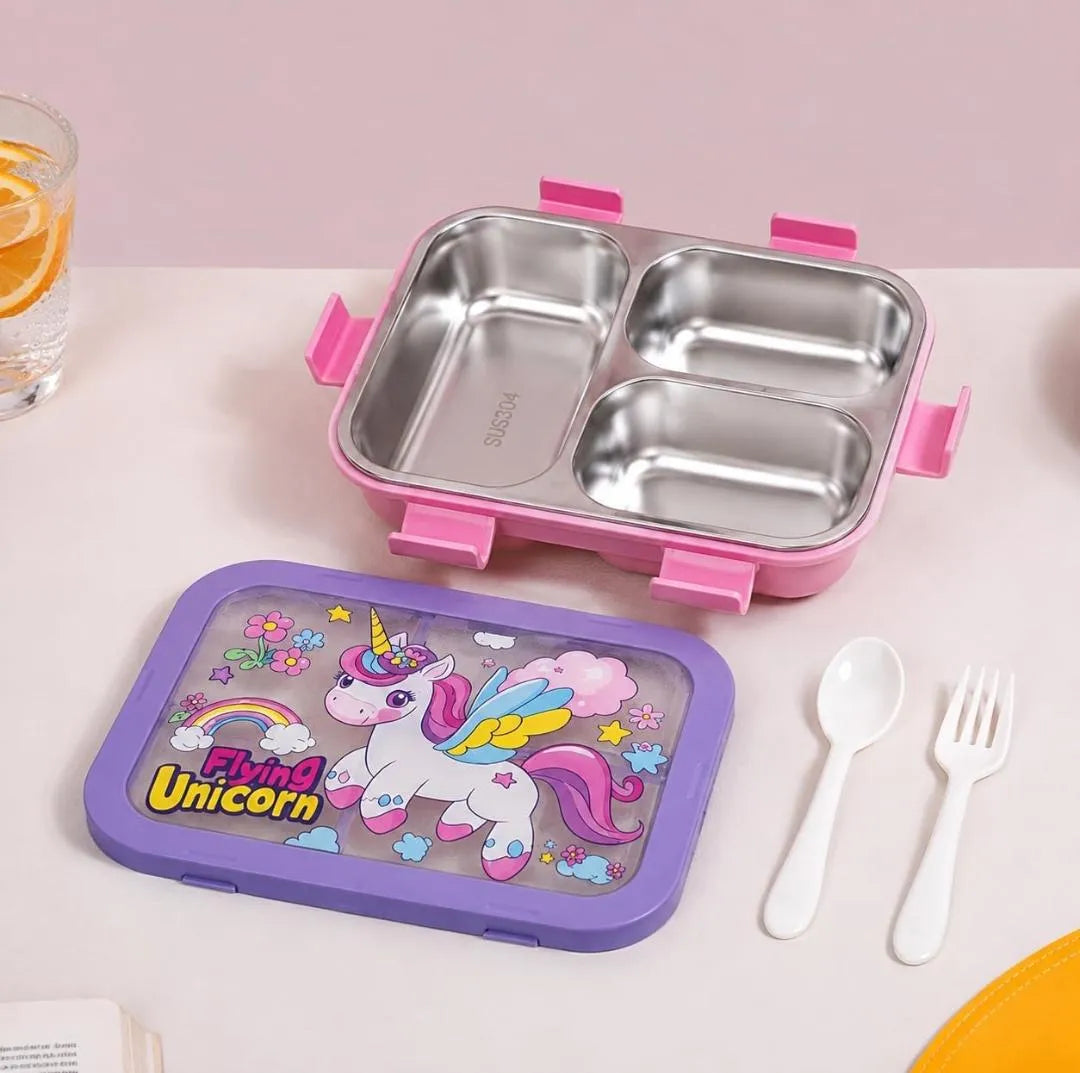 Stainless Steel 3 Compartment Bento Lunch Box with Spoon & Fork
