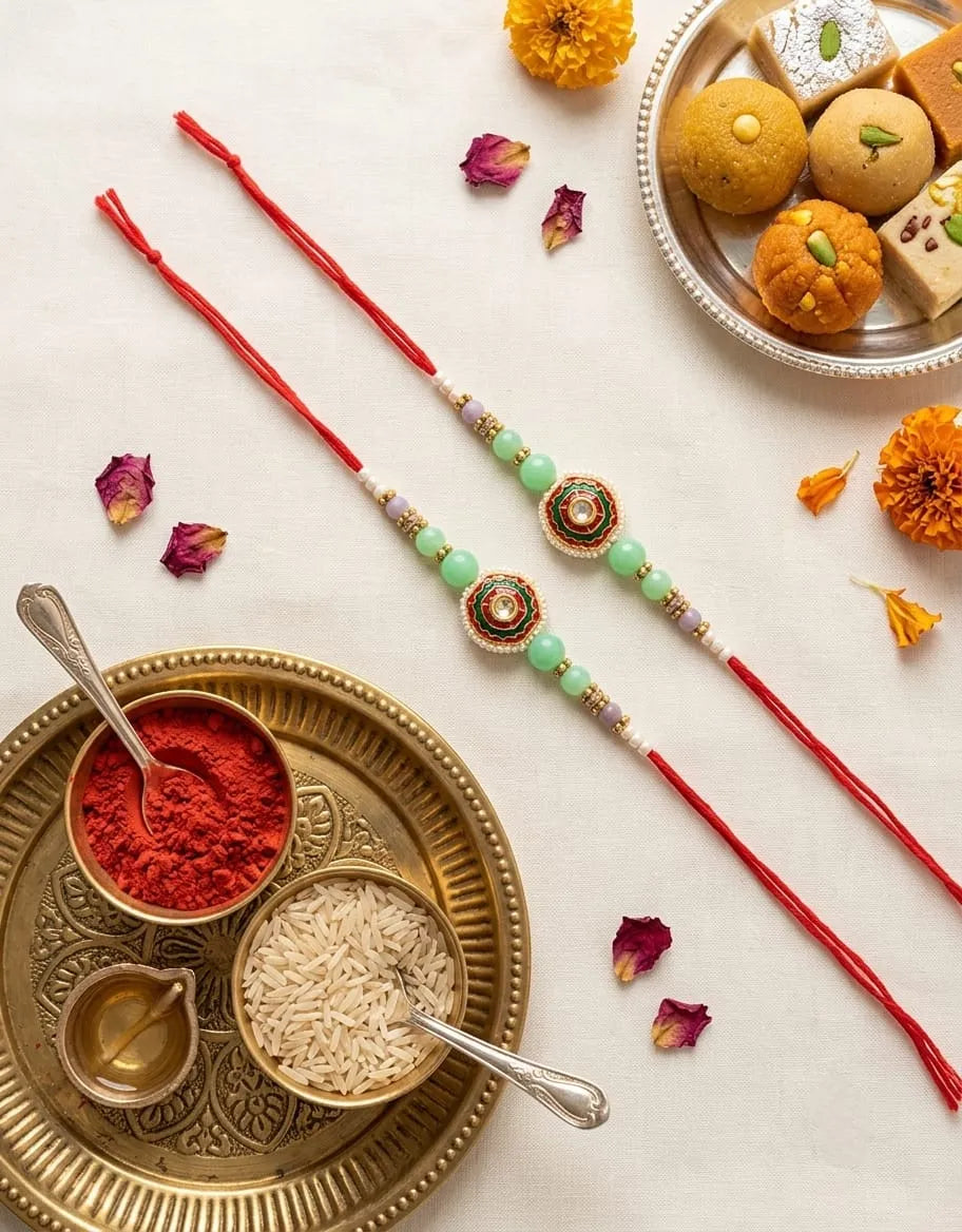 Two traditional Indian Rakhi beaded wriststrings with red cords and green beads are displayed on a white surface with festive props including a brass plate with rice and red powder, sweets, and marigold flowers.