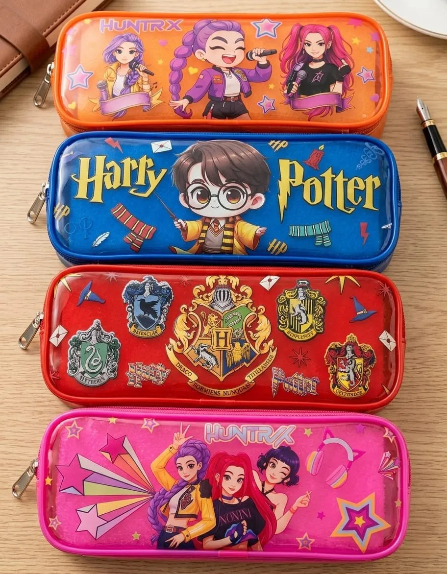 Four colorful pencil cases with different designs on a wooden surface.