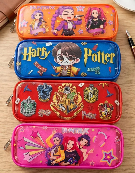 Four colorful pencil cases with different designs on a wooden surface.