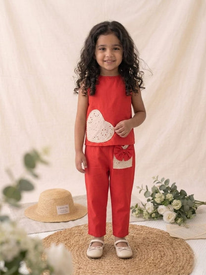Girls Cotton Cord Set- Sleeveless Top & Pants with Lace Heart & Bow Detail