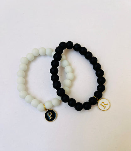 Black and White Matching Pair Bracelet with Initial - Enter Initials in Textbox below Size Selection for Personalisation - Set of 2