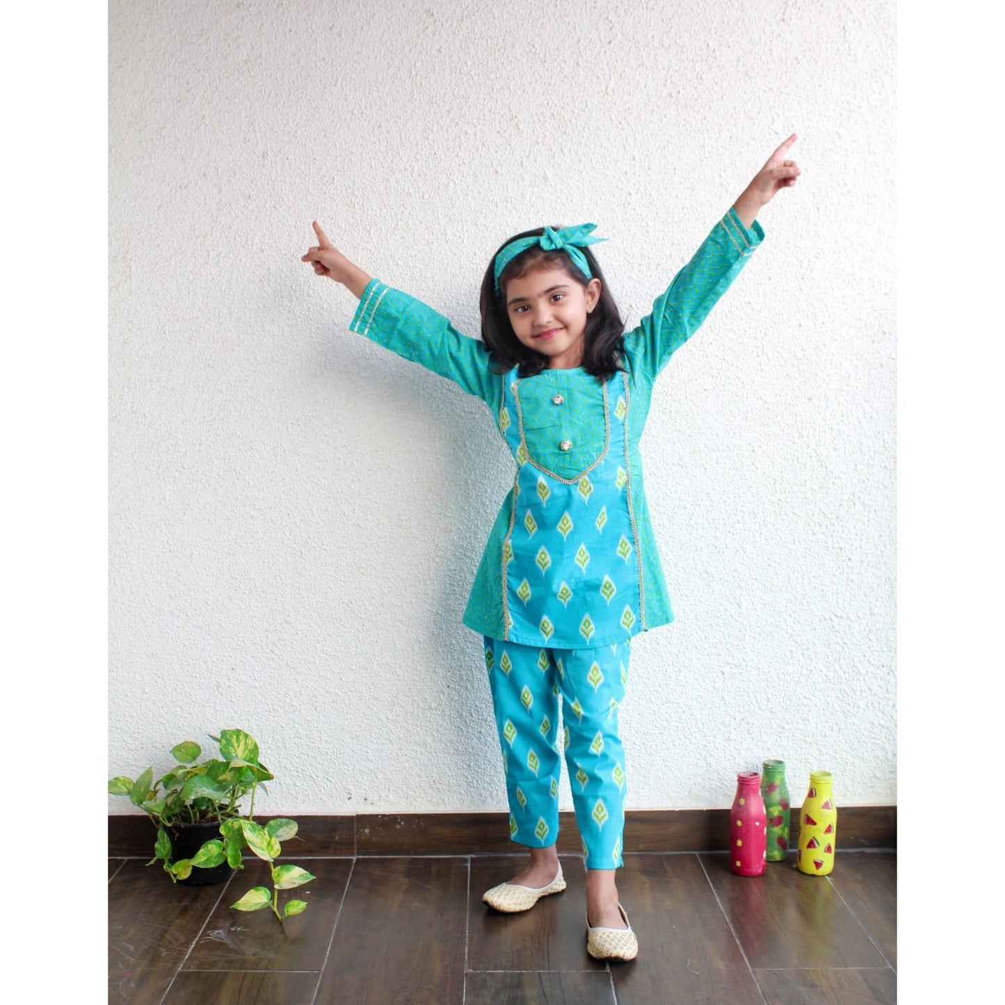 Girls Cotton Kurti Pant Set with Matching Hairband