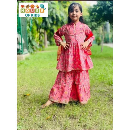 Girls High Neck Kurti Sharara with Dupatta Set