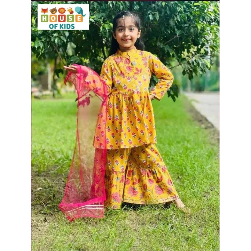 Girls Cotton High Neck Kurti Sharara Set