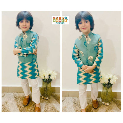 Boys Zig-Zag Kurta Pajama with Floral Jacket Set