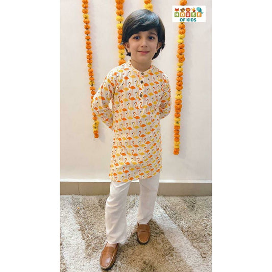 Boys Flamingo Print Kurta Pajama Set