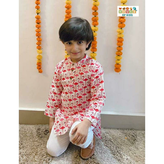 Boys Flamingo Print Kurta Pajama Set