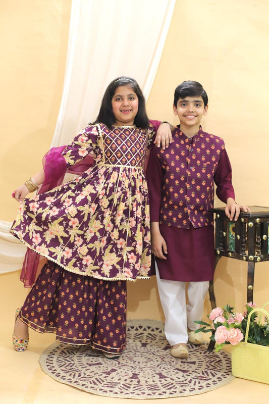 Kids Twining Set- Boys Kurta Pajama with Jacket set & Girls Kurti Sharara with Dupatta Set