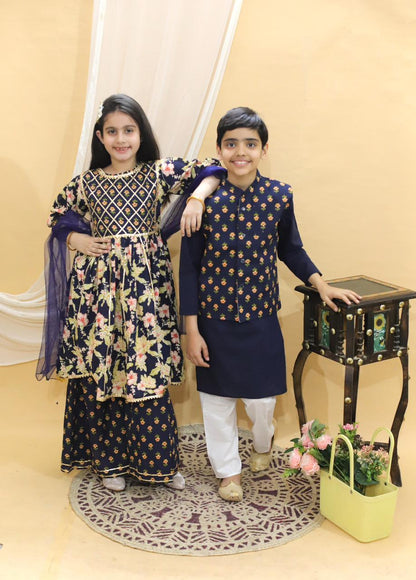 Kids Twining Set- Boys Kurta Pajama with Jacket set & Girls Kurti Sharara with Dupatta Set