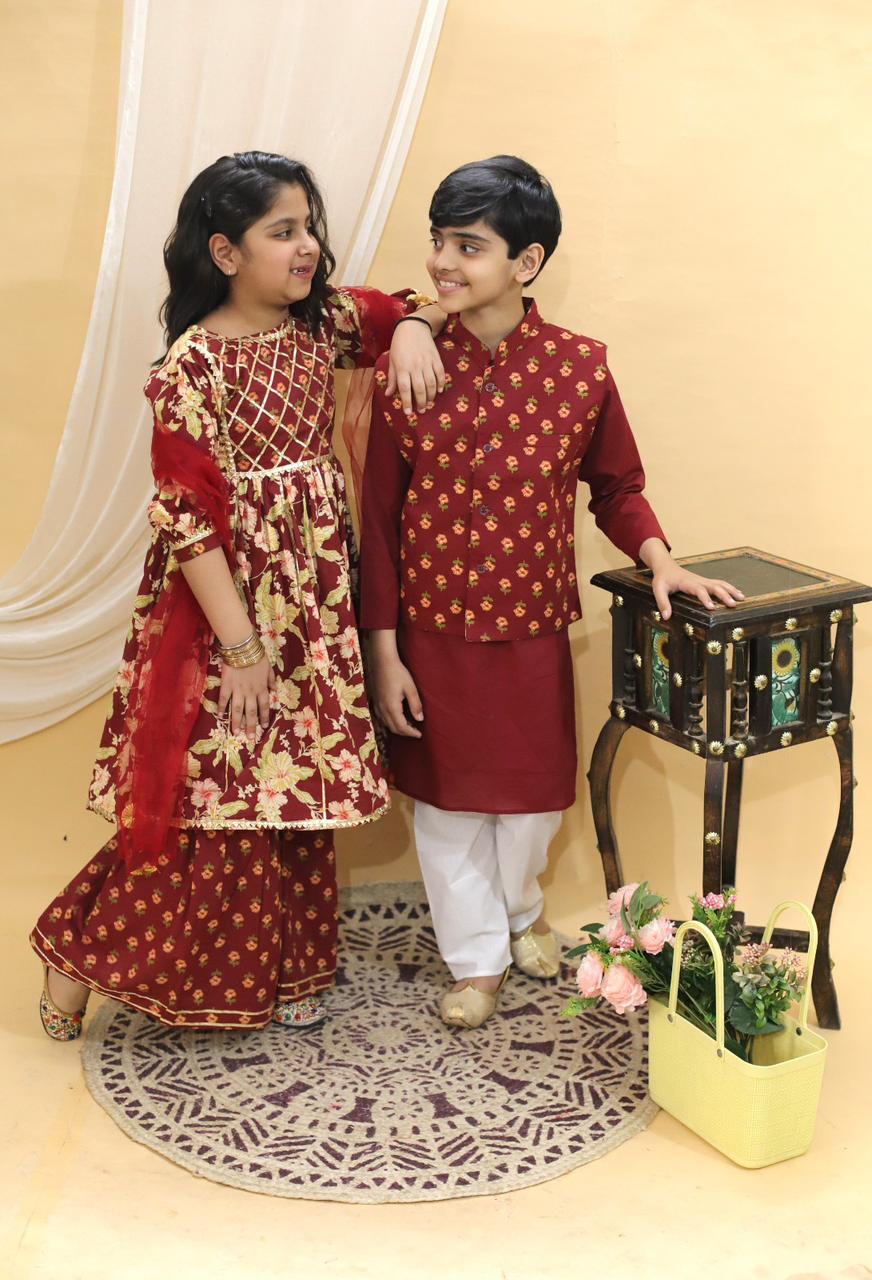 Kids Twining Set- Boys Kurta Pajama Jacket Set & Girls Kurti Sharara with Dupatta Set