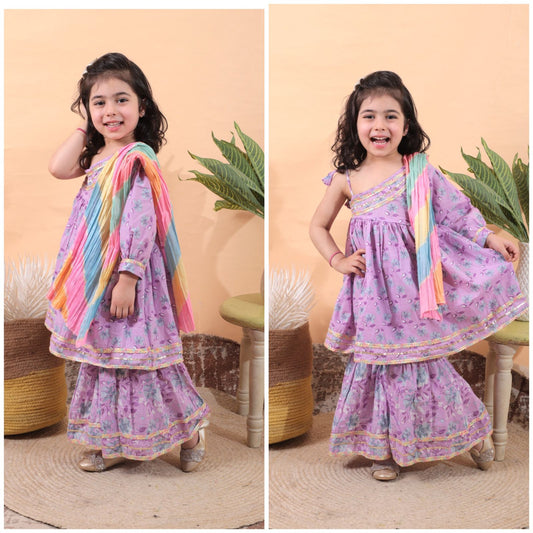 Girls Stylish One Side Sleveless Pattern Kurti Sharara Set with Tie Dye Contrast Dupatta