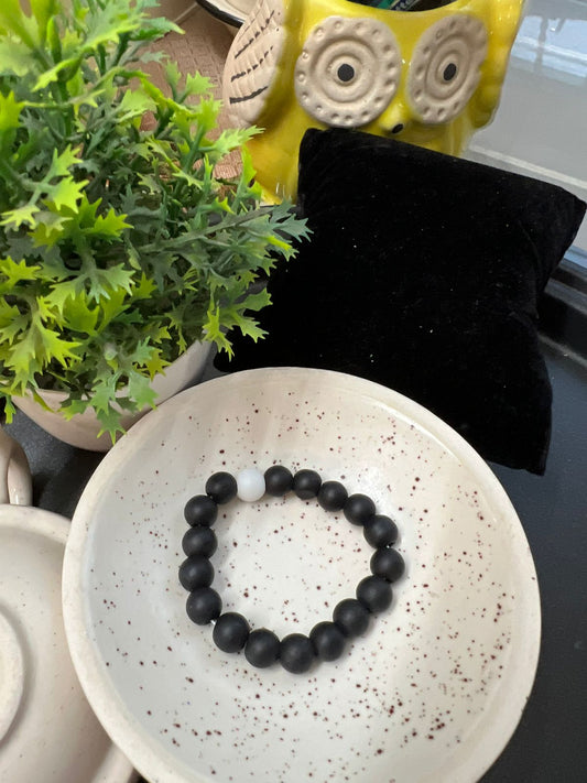 Matte Black with one White Beads Bracelet - Stretchable (Perfect for Dailywear)