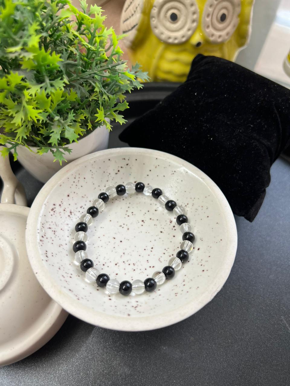 Small Black and Crystal White Beads Bracelet - Stretchable (Perfect for Dailywear)