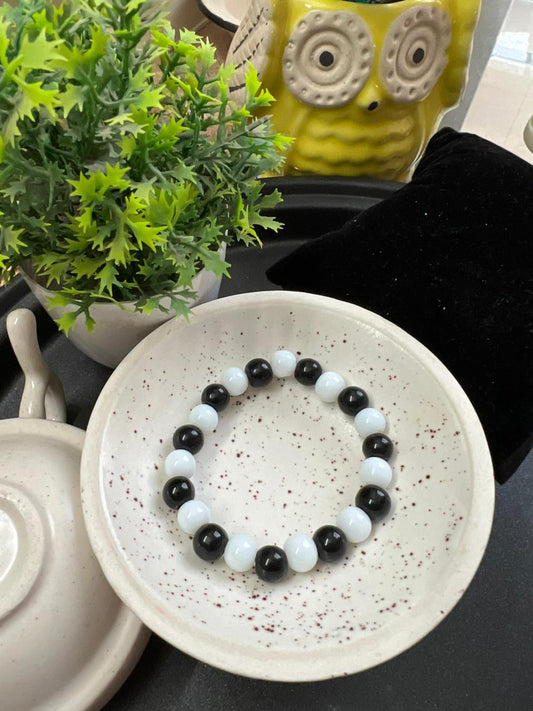 Glossy Black and White Beads Bracelet - Stretchable (Perfect for Dailywear)