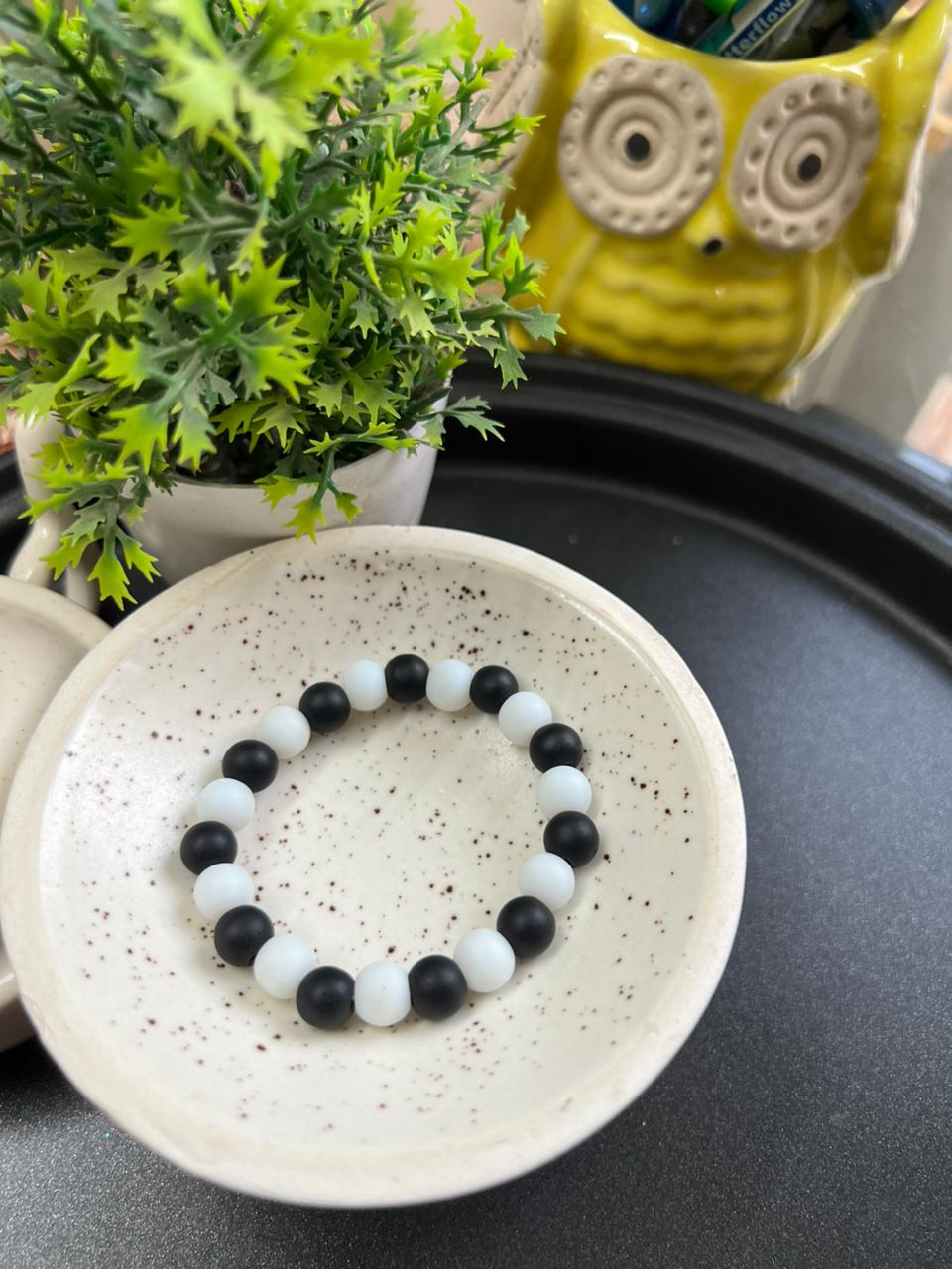 Matte Black and White Beads Bracelet - Stretchable (Perfect for Dailywear)