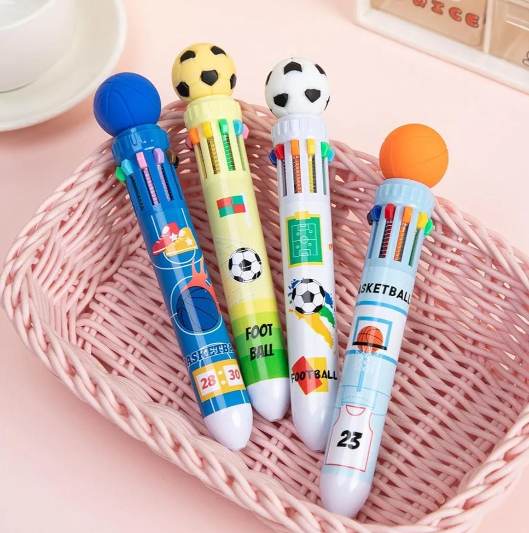 HOK Multicolor Ballpoint Pen 0.5mm|10-in-1 Colored Retractable World Cup Soccer Ballpoint Pen- Pack of 4pcs