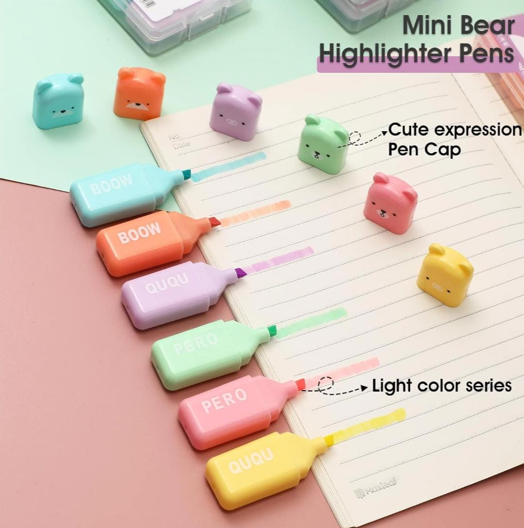 HOK 6pc Set Cute Mini Bear Highlighter|Kawaii Pastel Colors Highlighter Set