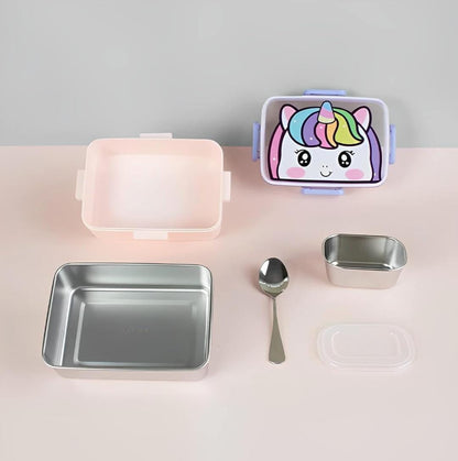 HOK Cartoon Printed Stainless Steel Lunch Box with Veggie Box and Spoon