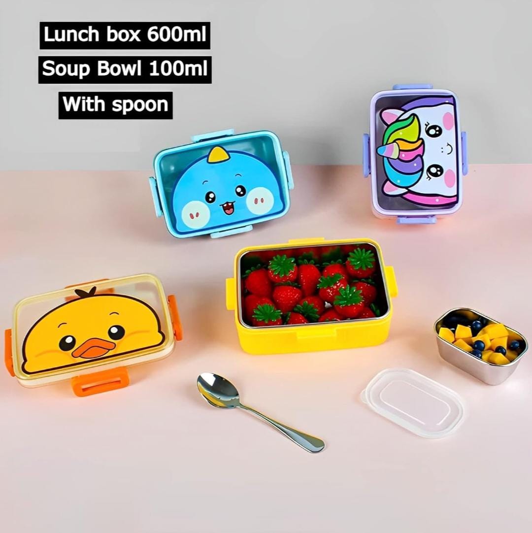 HOK Cartoon Printed Stainless Steel Lunch Box with Veggie Box and Spoon