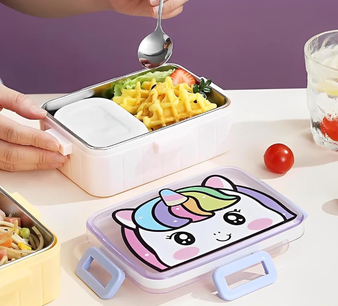 HOK Cartoon Printed Stainless Steel Lunch Box with Veggie Box and Spoon