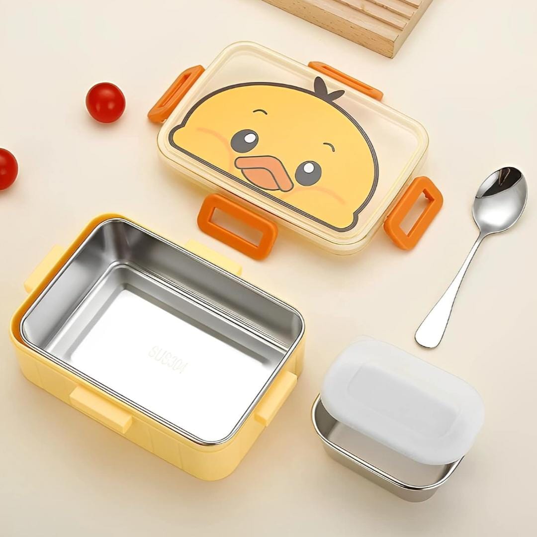 HOK Cartoon Printed Stainless Steel Lunch Box with Veggie Box and Spoon