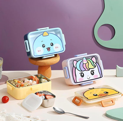 HOK Cartoon Printed Stainless Steel Lunch Box with Veggie Box and Spoon