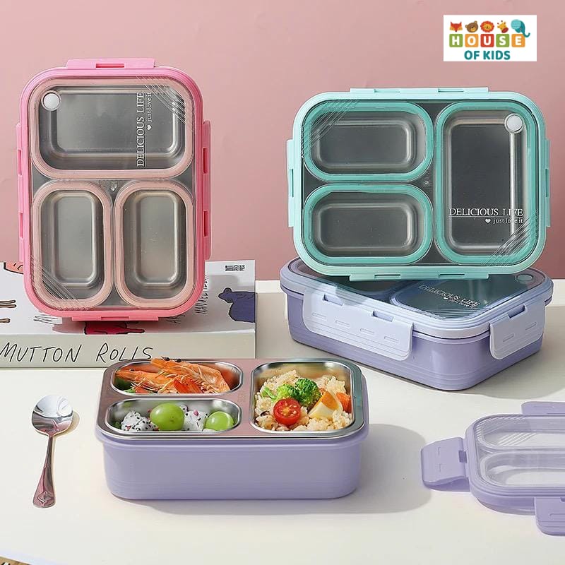 HOK Stainless Steel 3 Compartment Leakproof Lunch Box with Steel Spoon & Chopstick