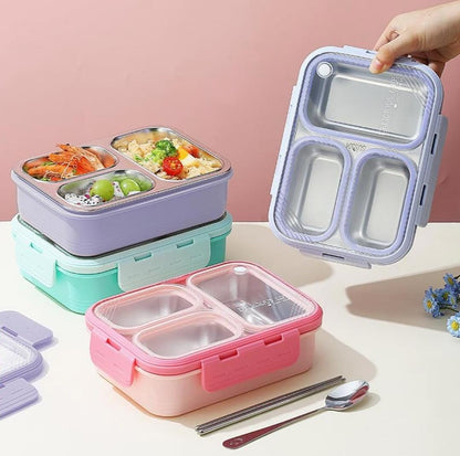 HOK Stainless Steel 3 Compartment Leakproof Lunch Box with Steel Spoon & Chopstick