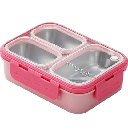 HOK Stainless Steel 3 Compartment Leakproof Lunch Box with Steel Spoon & Chopstick