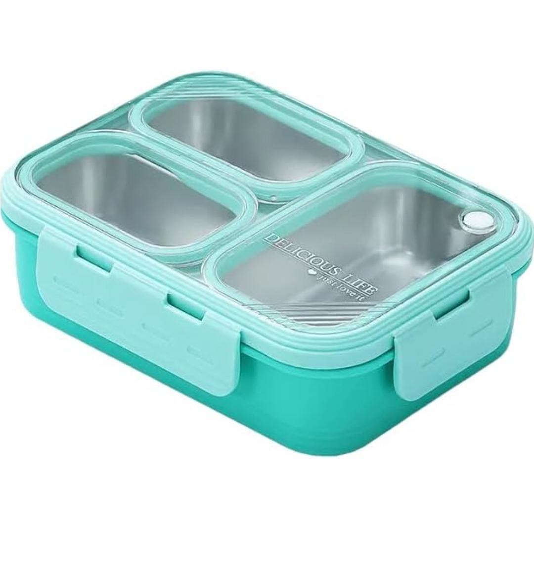 HOK Stainless Steel 3 Compartment Leakproof Lunch Box with Steel Spoon & Chopstick