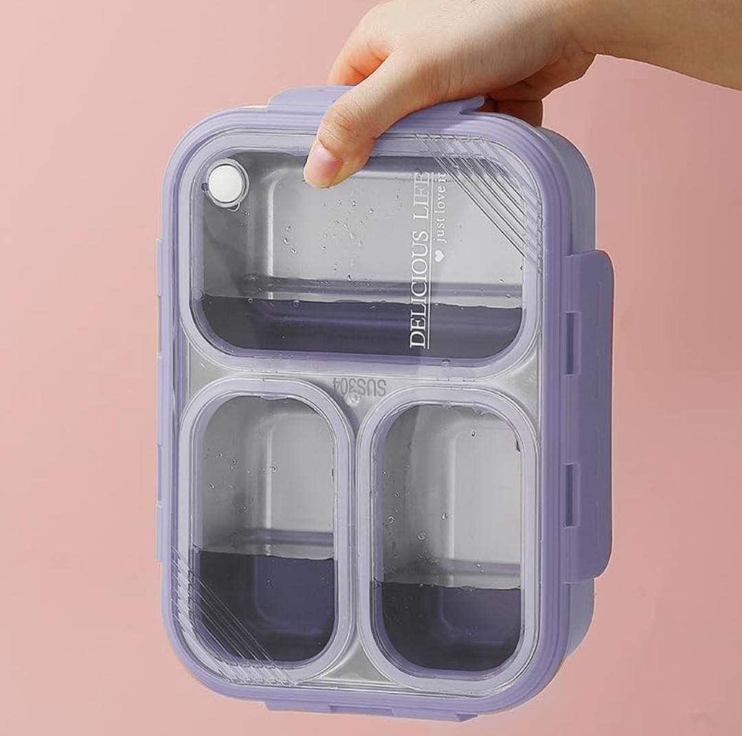 HOK Stainless Steel 3 Compartment Leakproof Lunch Box with Steel Spoon & Chopstick