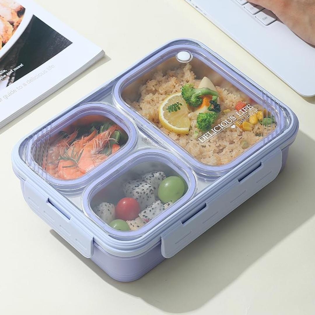 HOK Stainless Steel 3 Compartment Leakproof Lunch Box with Steel Spoon & Chopstick