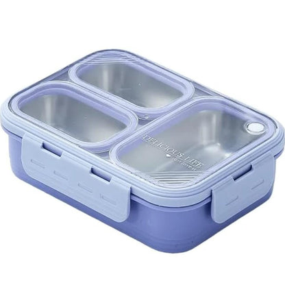 HOK Stainless Steel 3 Compartment Leakproof Lunch Box with Steel Spoon & Chopstick