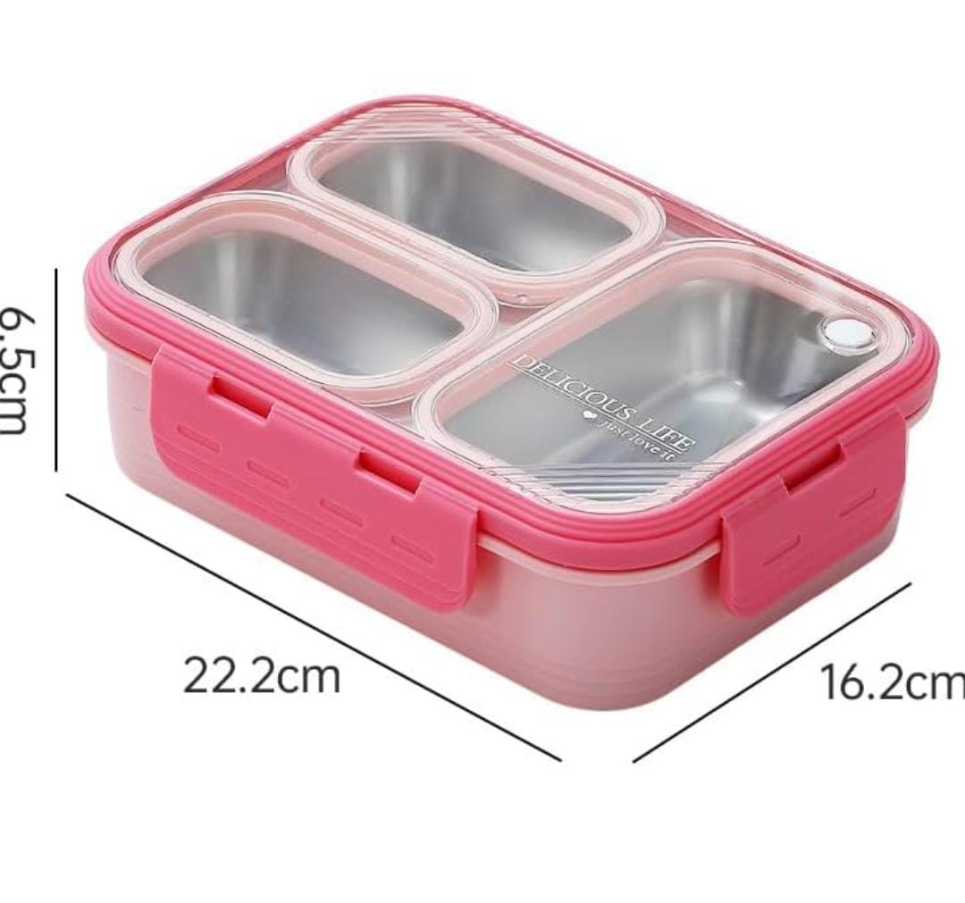 HOK Stainless Steel 3 Compartment Leakproof Lunch Box with Steel Spoon & Chopstick