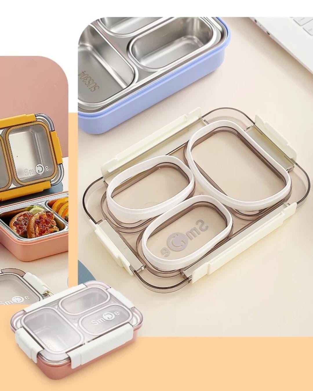 HOK 3 Compartment Stainless Steel Leakproof Bento Lunch Box With Steel Spoon