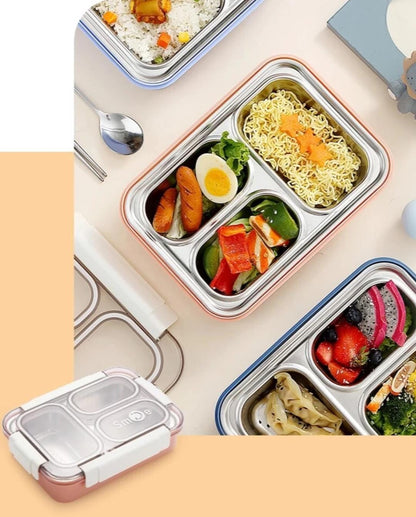 HOK 3 Compartment Stainless Steel Leakproof Bento Lunch Box With Steel Spoon