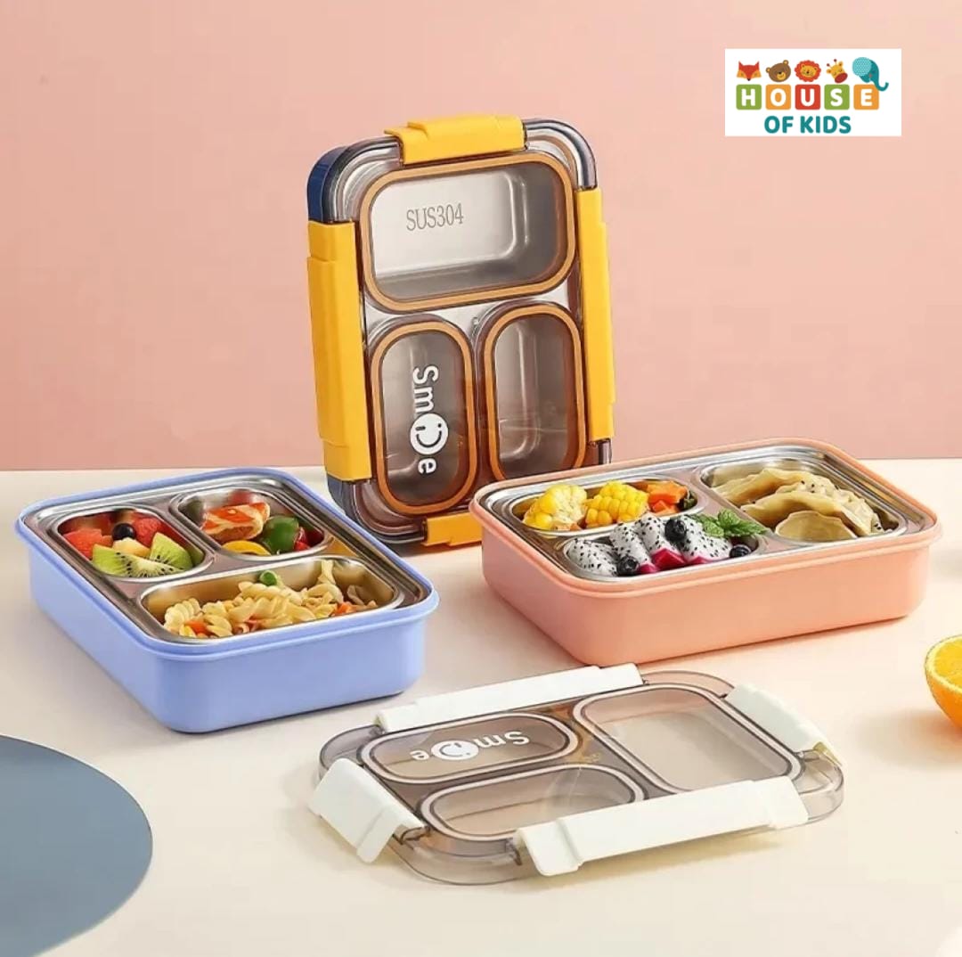 HOK 3 Compartment Stainless Steel Leakproof Bento Lunch Box With Steel Spoon